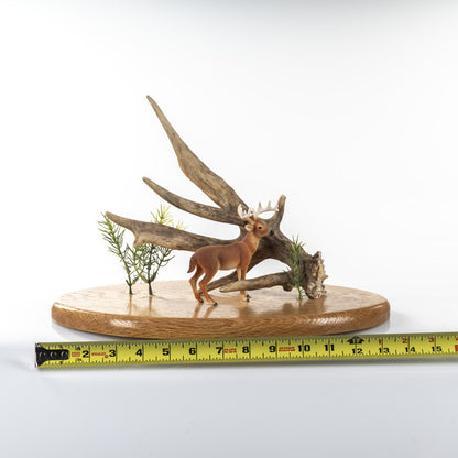 Whitetail Shed Antler mounted to a oak base with a miniature deer statue! (Auction #008)